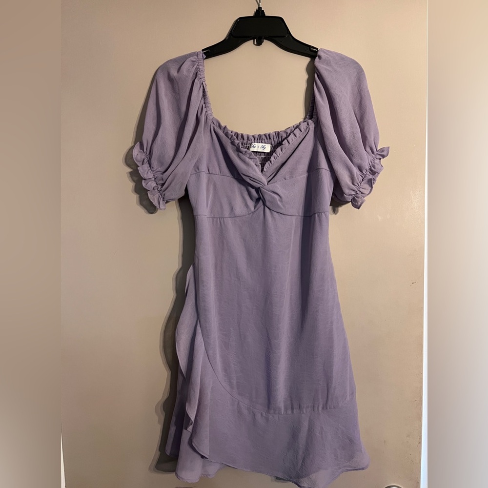 She + Sky Lavender Puff-Sleeve Mini Dress